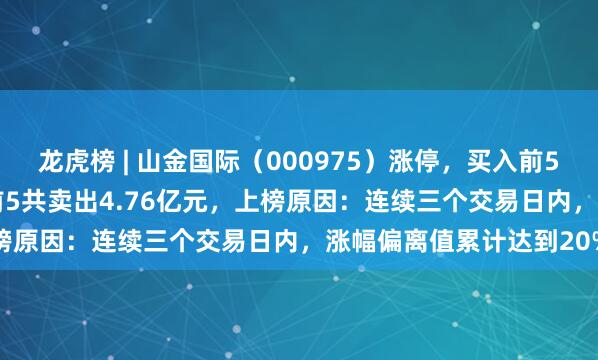 龙虎榜 | 山金国际（000975）涨停，买入前5共买入6.08亿元，卖出前5共卖出4.76亿元，上榜原因：连续三个交易日内，涨幅偏离值累计达到20%